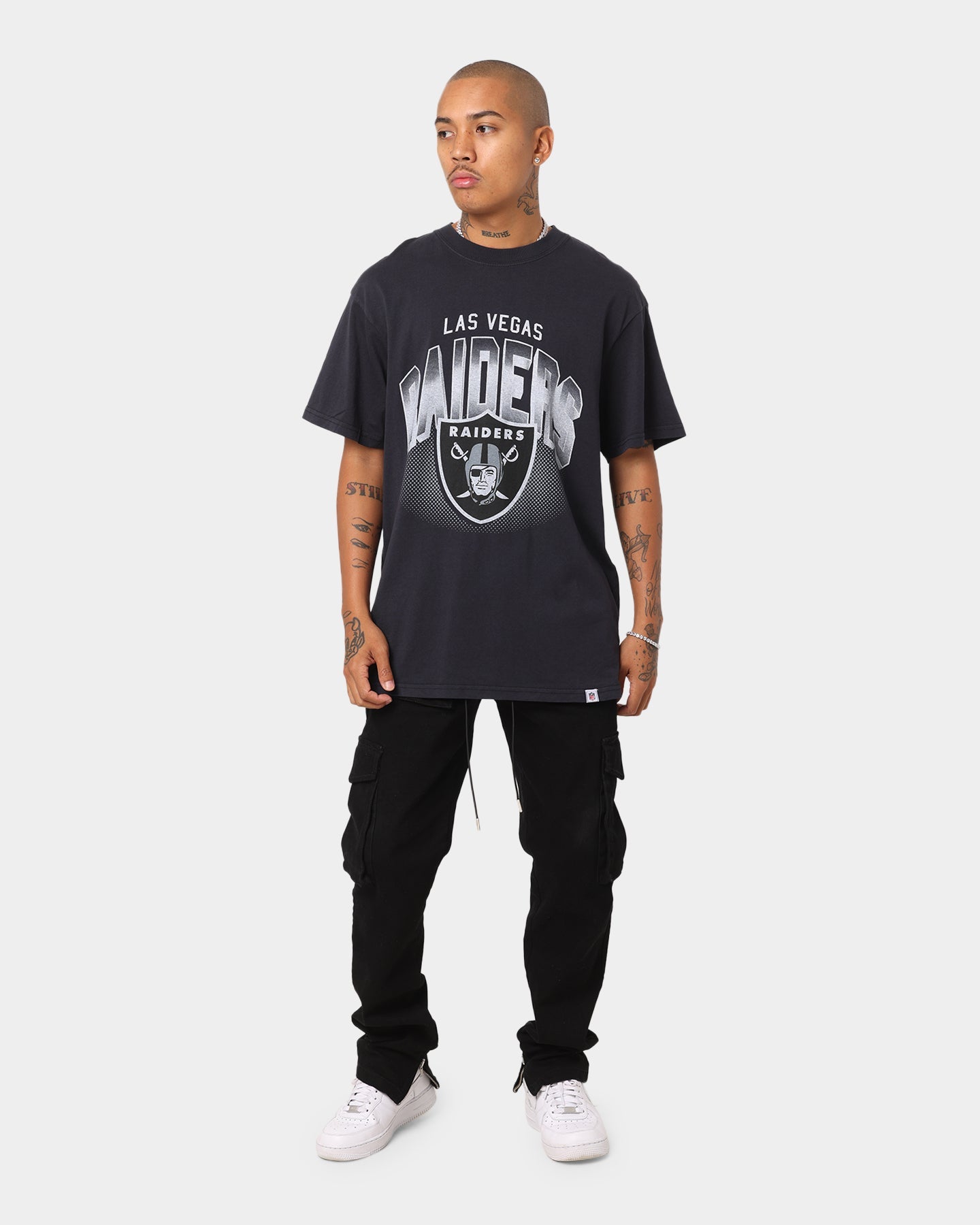 Majestic Athletic Las Vegas Raiders NFL Stripe Sleeve Oversized T-Shirt Faded Black