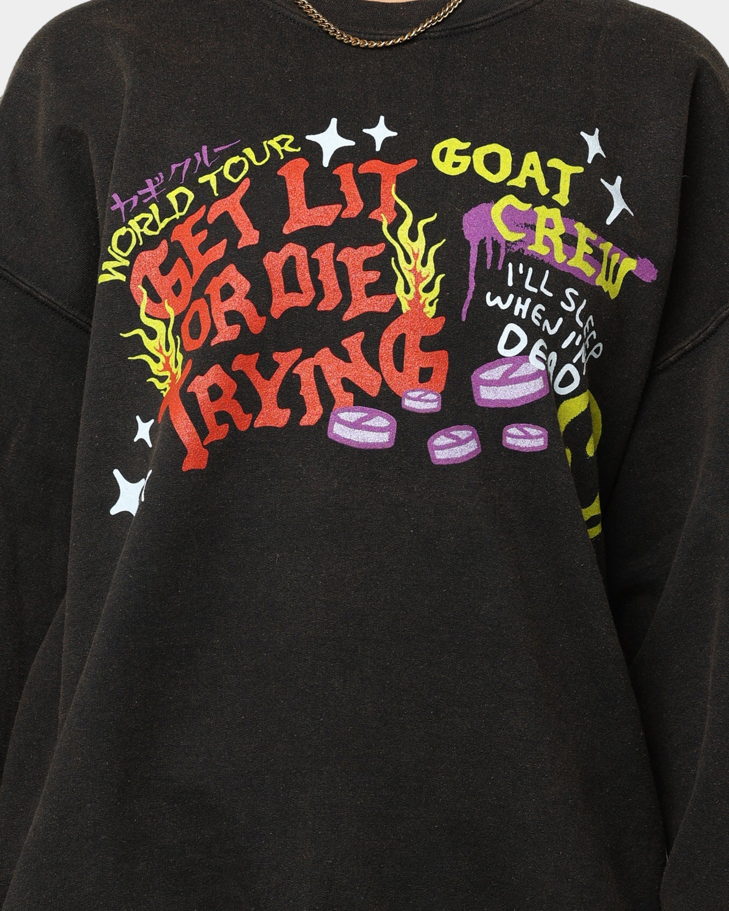 Goat Crew Get Lit Or Die Trying All Over Print Crewneck Washed Black