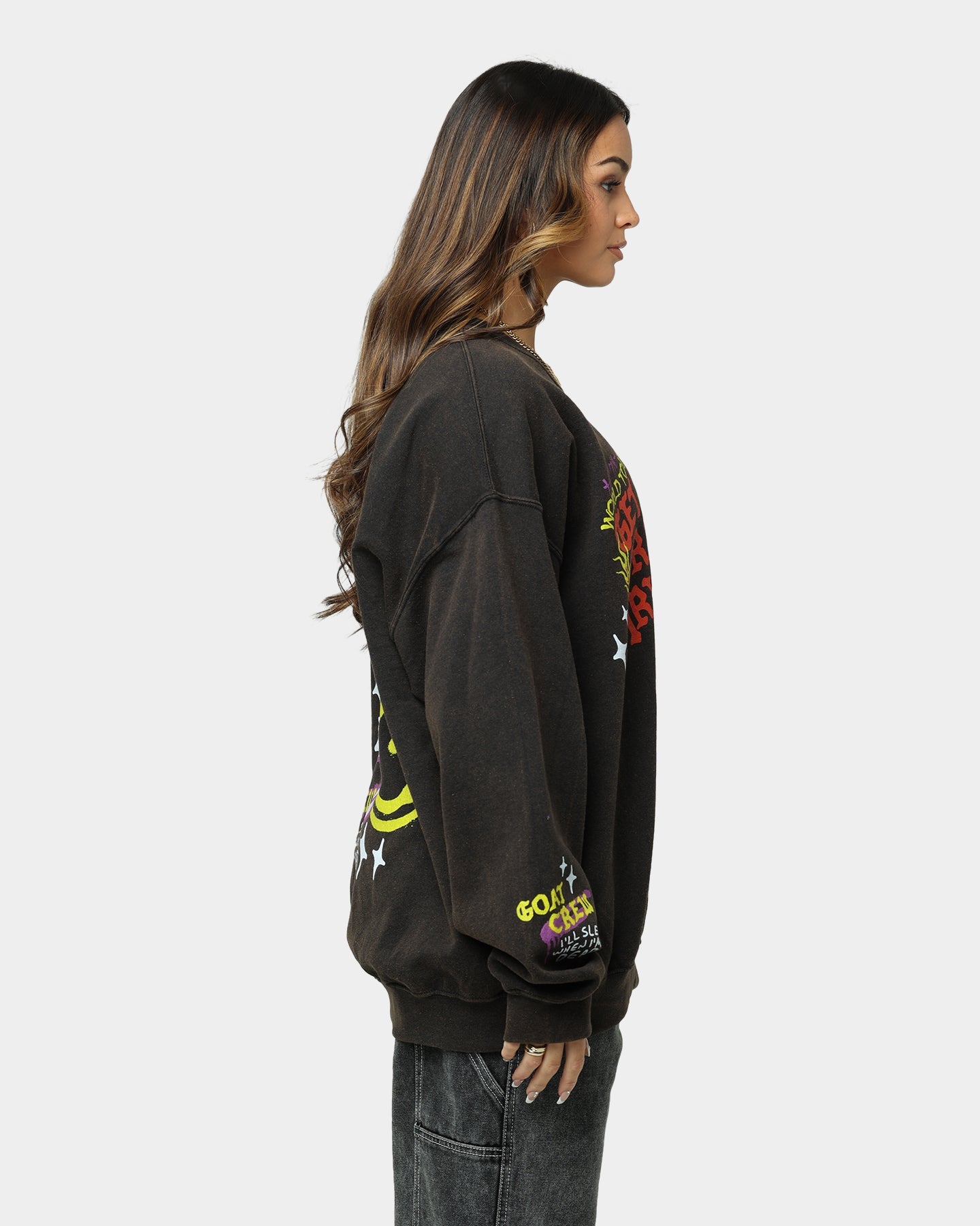 Goat Crew Get Lit Or Die Trying All Over Print Crewneck Washed Black