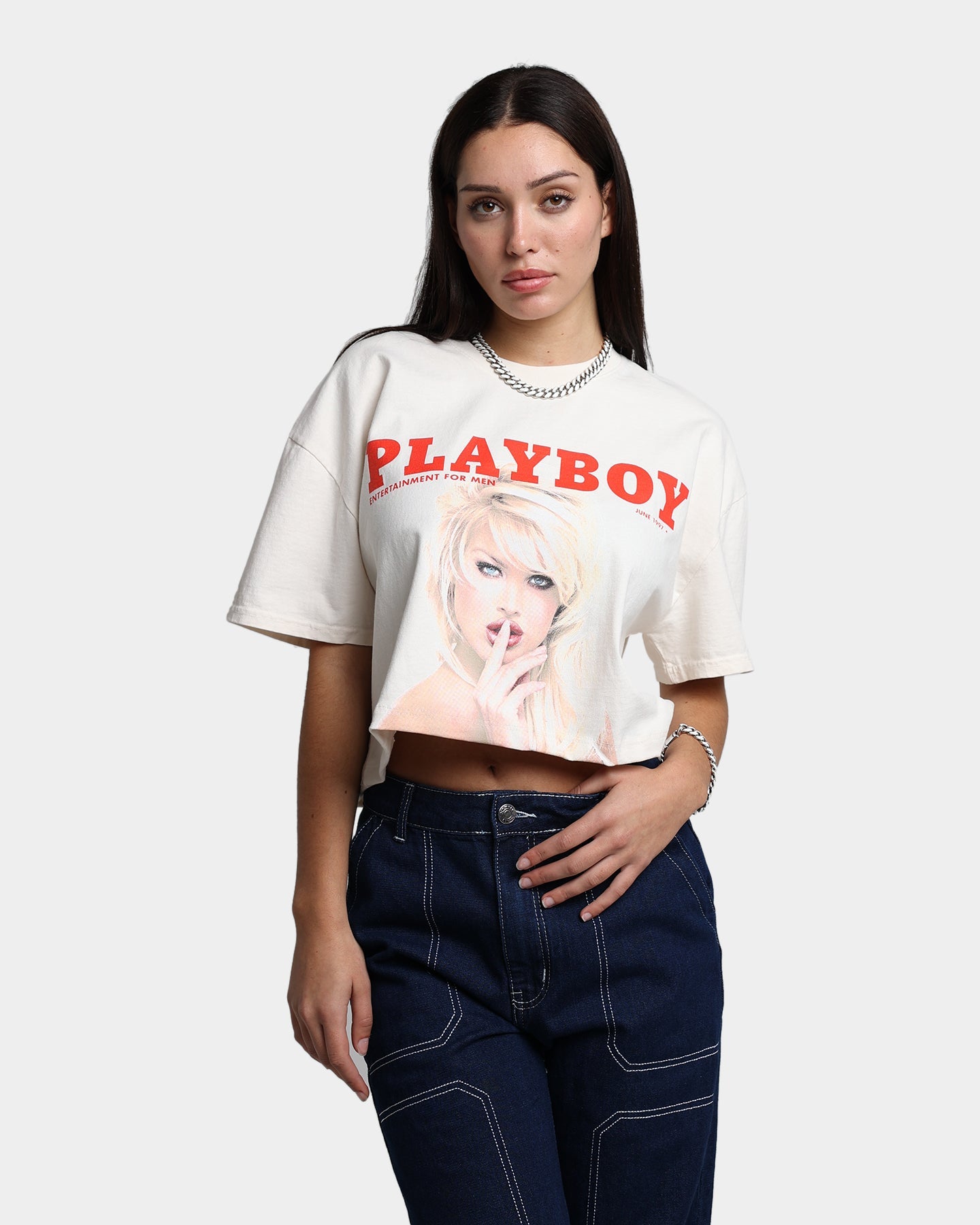 Playboy X Culture Kings Women's Shhh Crop T-Shirt Off White