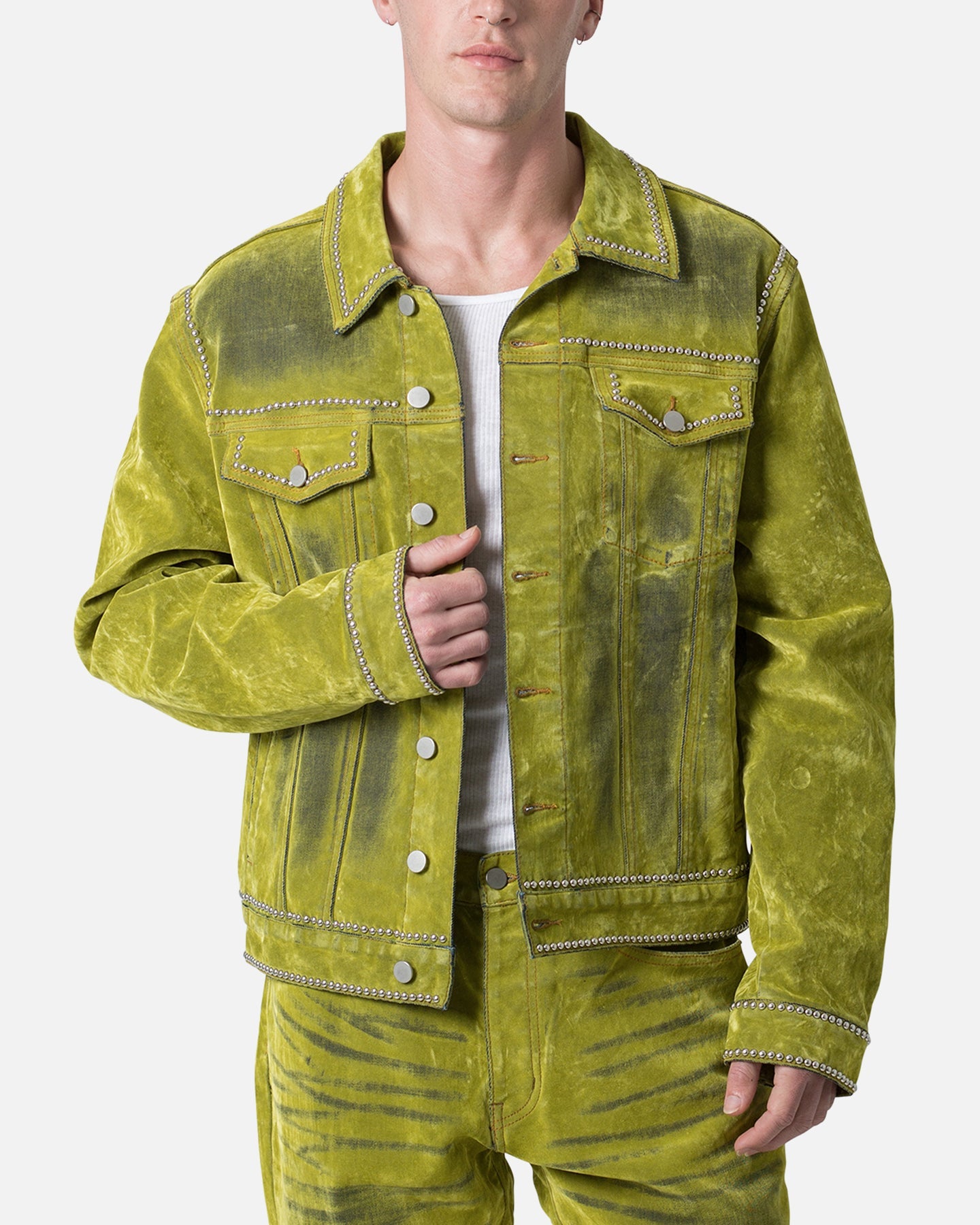 MNML Studded Suede Denim Jacket Green