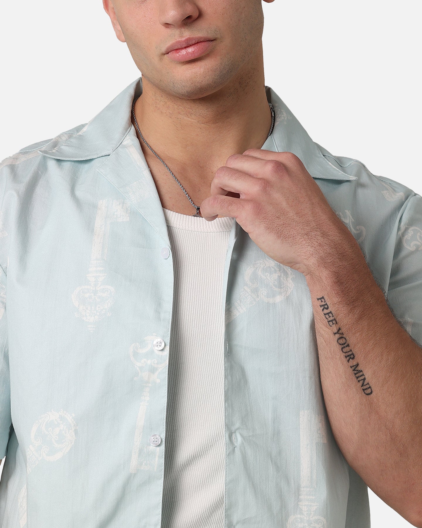 Saint Morta Skeleton Key Button Up Shirt Light Blue