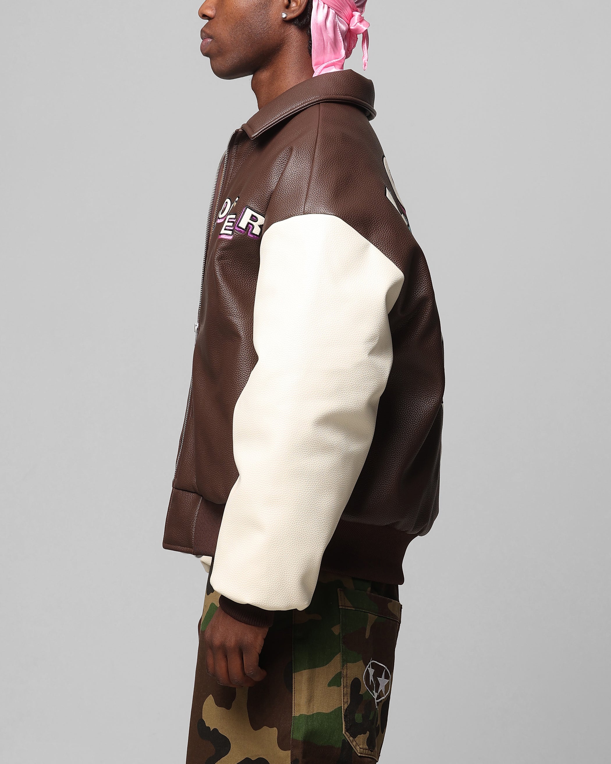 Loiter Solar Vegan Leather Varsity Jacket Brown/Beige