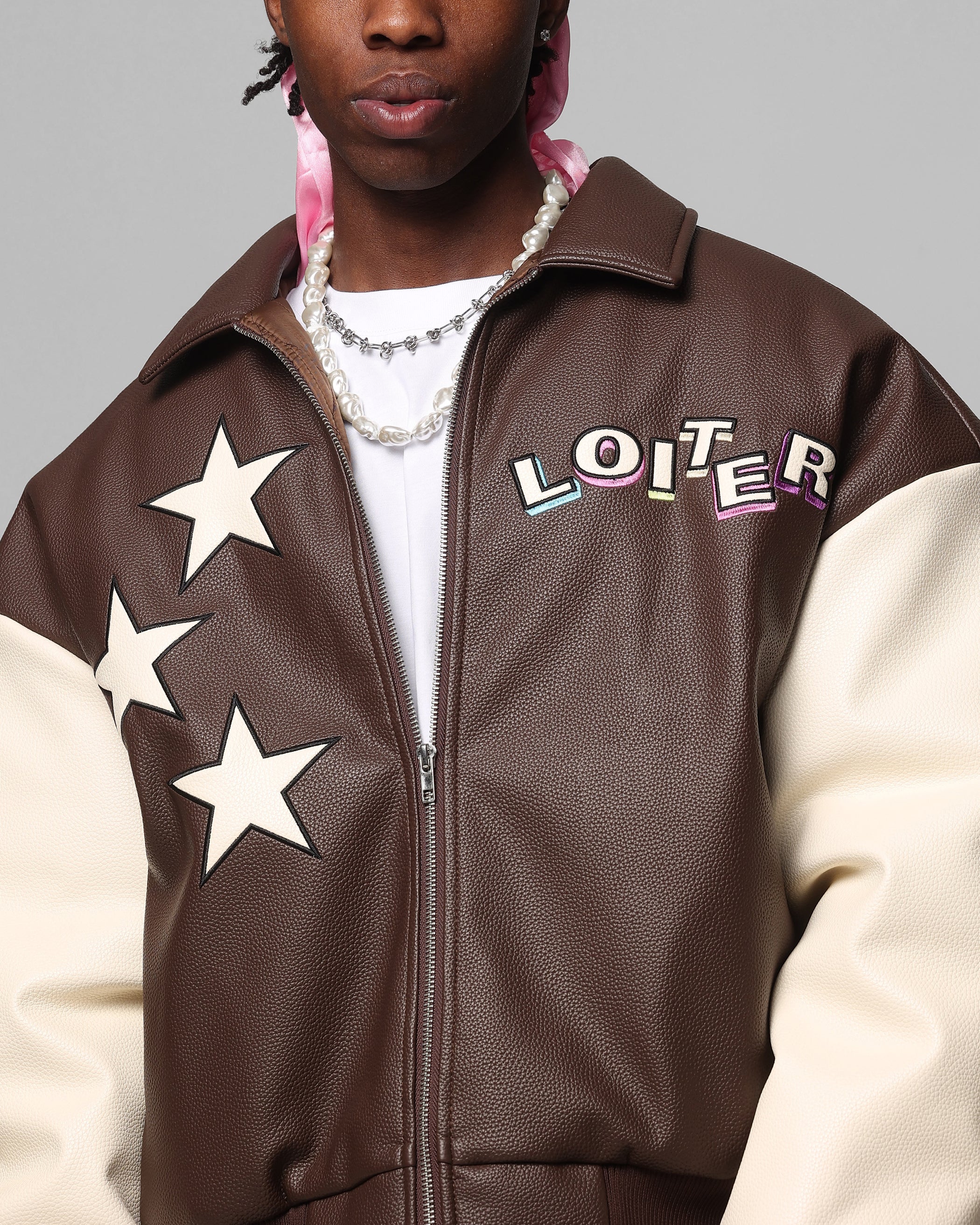 Loiter Solar Vegan Leather Varsity Jacket Brown/Beige