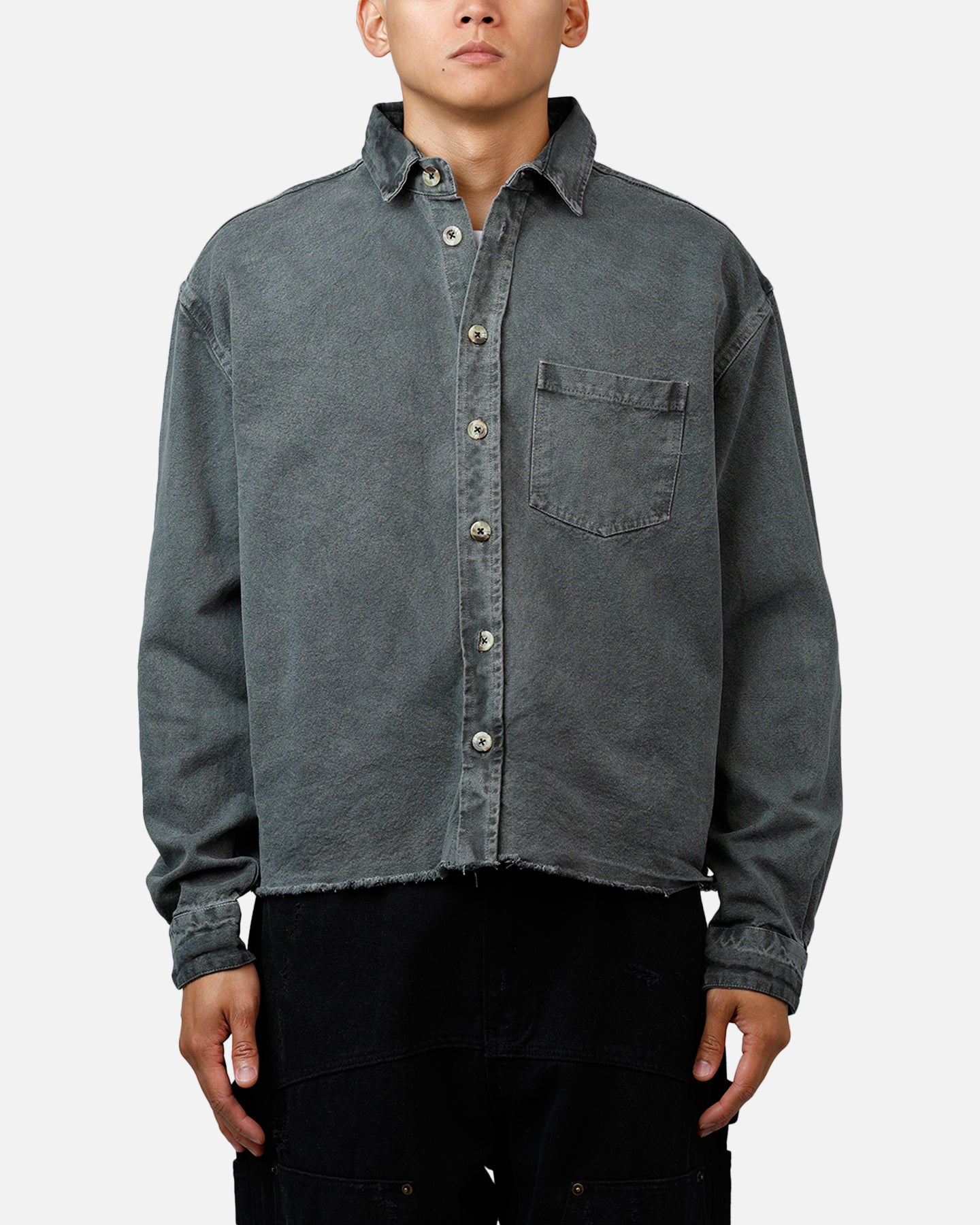 MNML Washed Denim Long Sleeve Button Up Shirt Washed Black