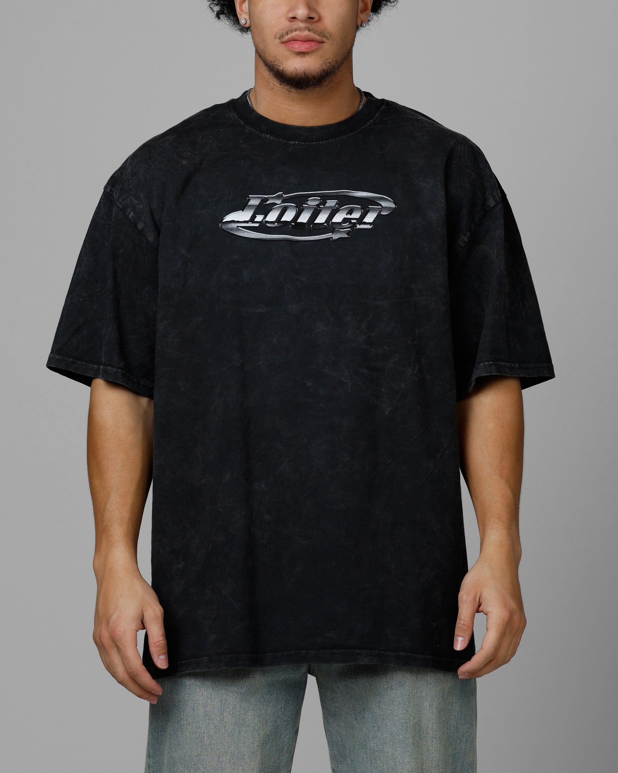 Loiter Chrome Logo T-Shirt Black Acidwash