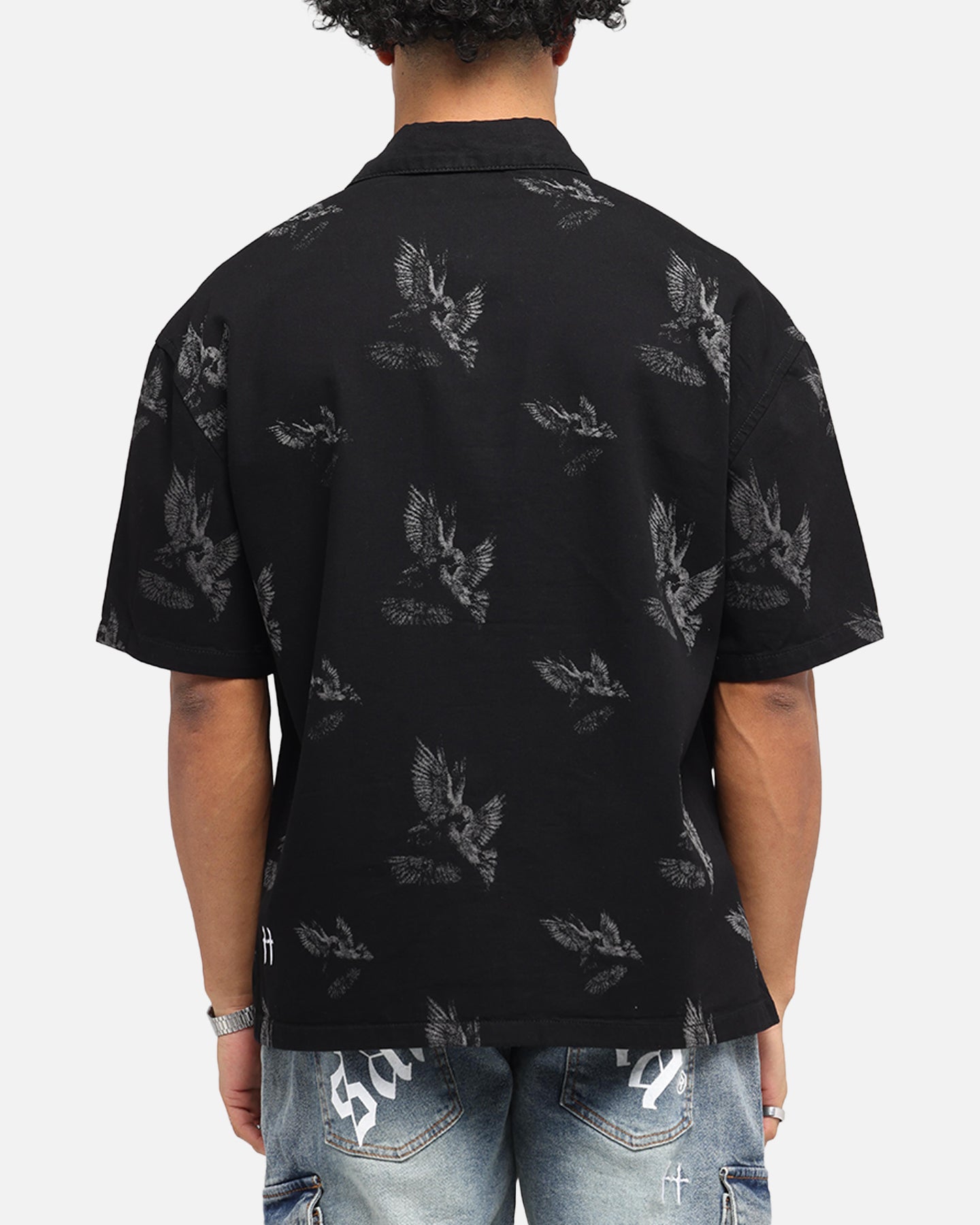 Saint Morta Doves Boxy Denim Button Up Shirt Black