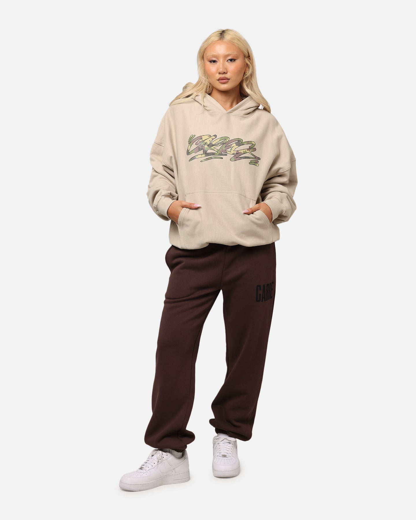 Carre Camo Script Hoodie Stone