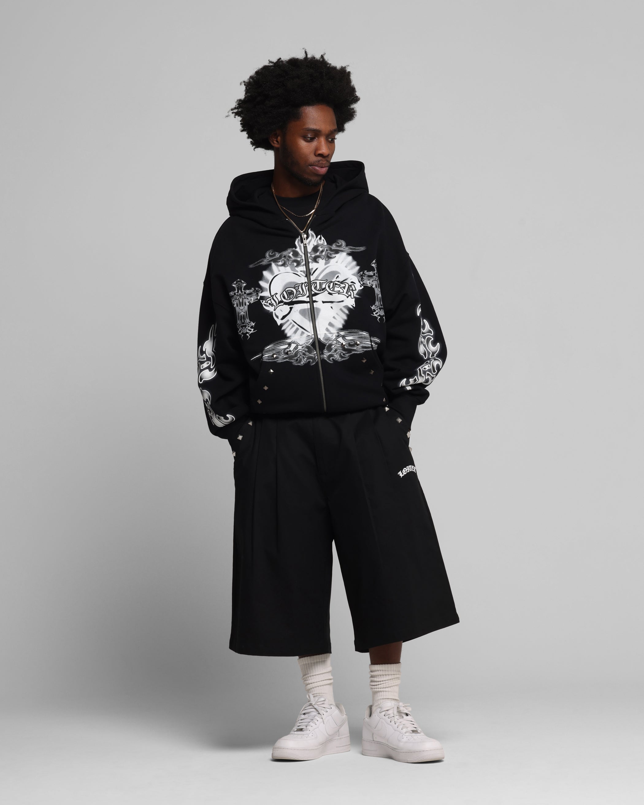 Loiter Hearts Zip Hoodie Black