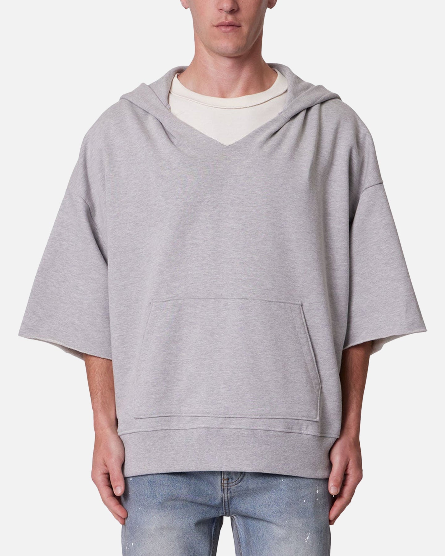 MNML Hooded 3/4 Sleeve Rag Sweater Grey