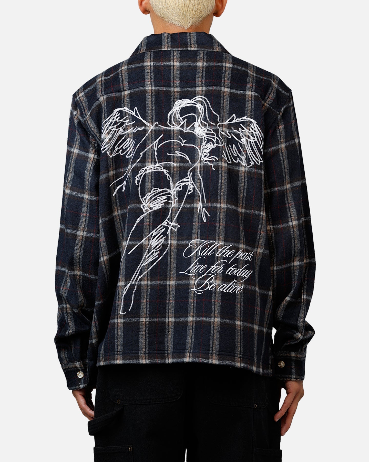 Sworn To Us Lotus Angel Flannel Button Up Shirt Navy