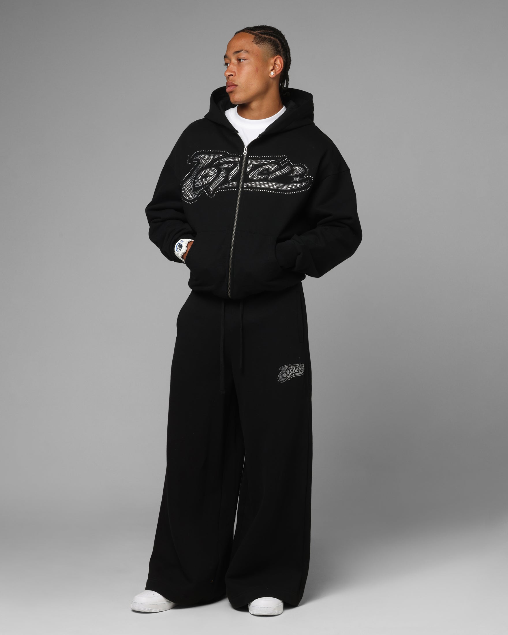 Loiter Silicone Rhinestone Zip Hoodie Black