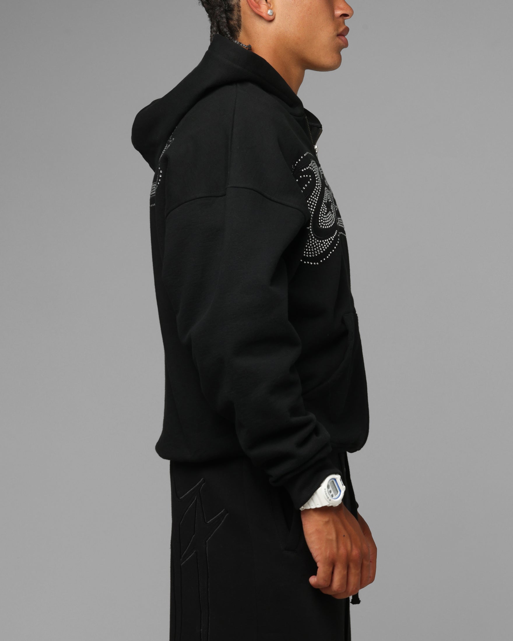 Loiter Silicone Rhinestone Zip Hoodie Black