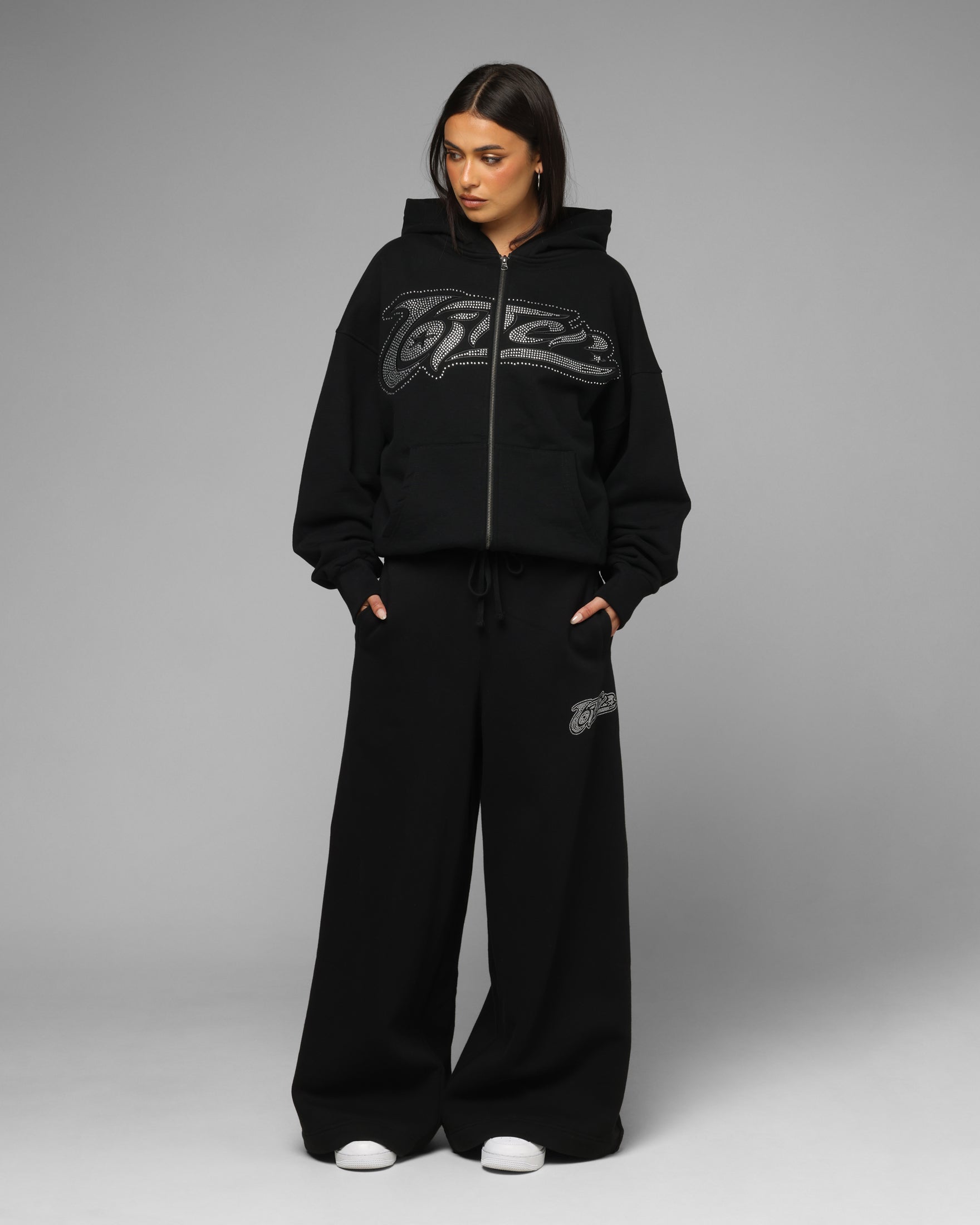 Loiter Silicone Rhinestone Zip Hoodie Black