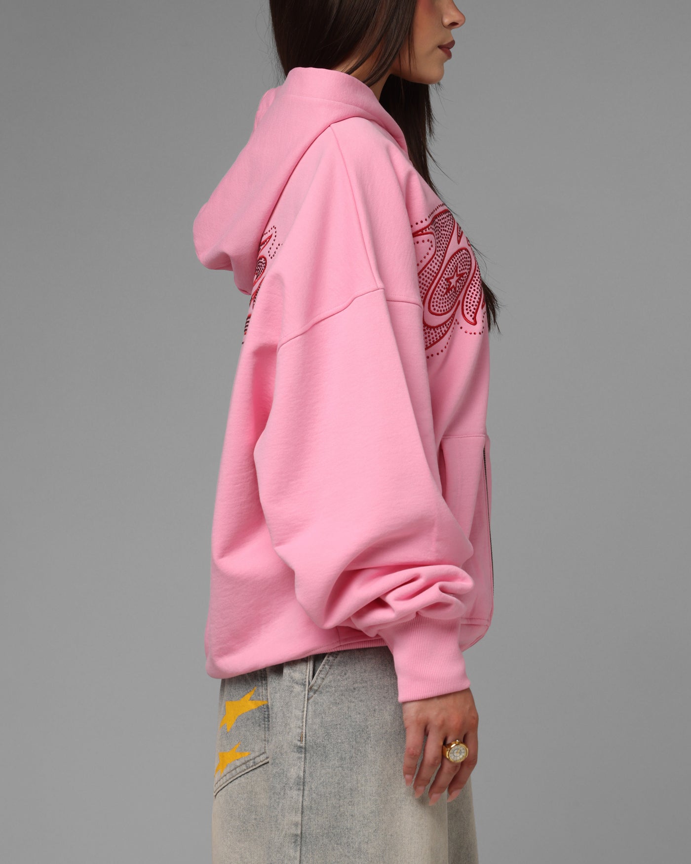 Loiter Silicone Rhinestone Zip Hoodie Pink