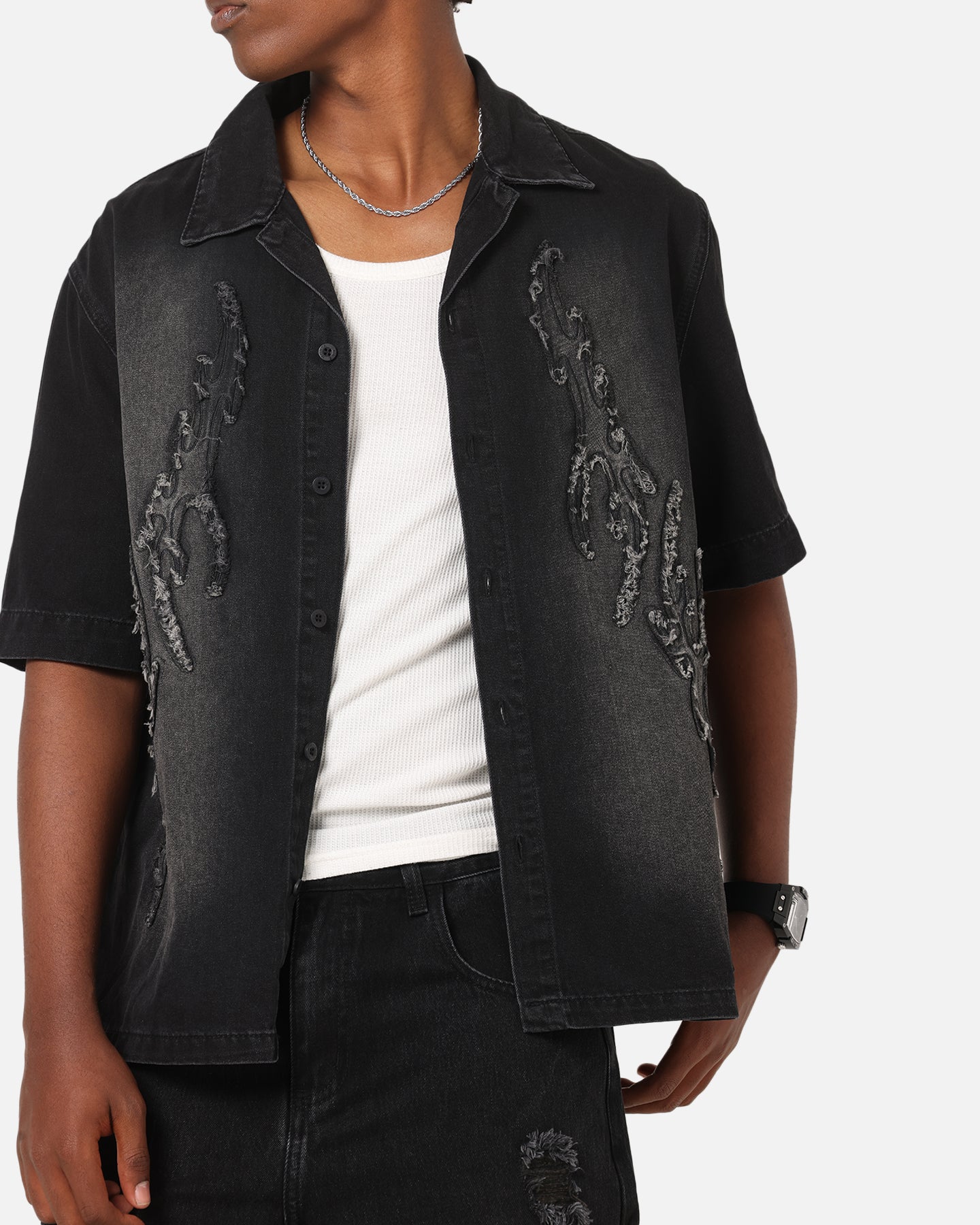 Saint Morta Tribal Denim Button Up Shirt Sunfade Black