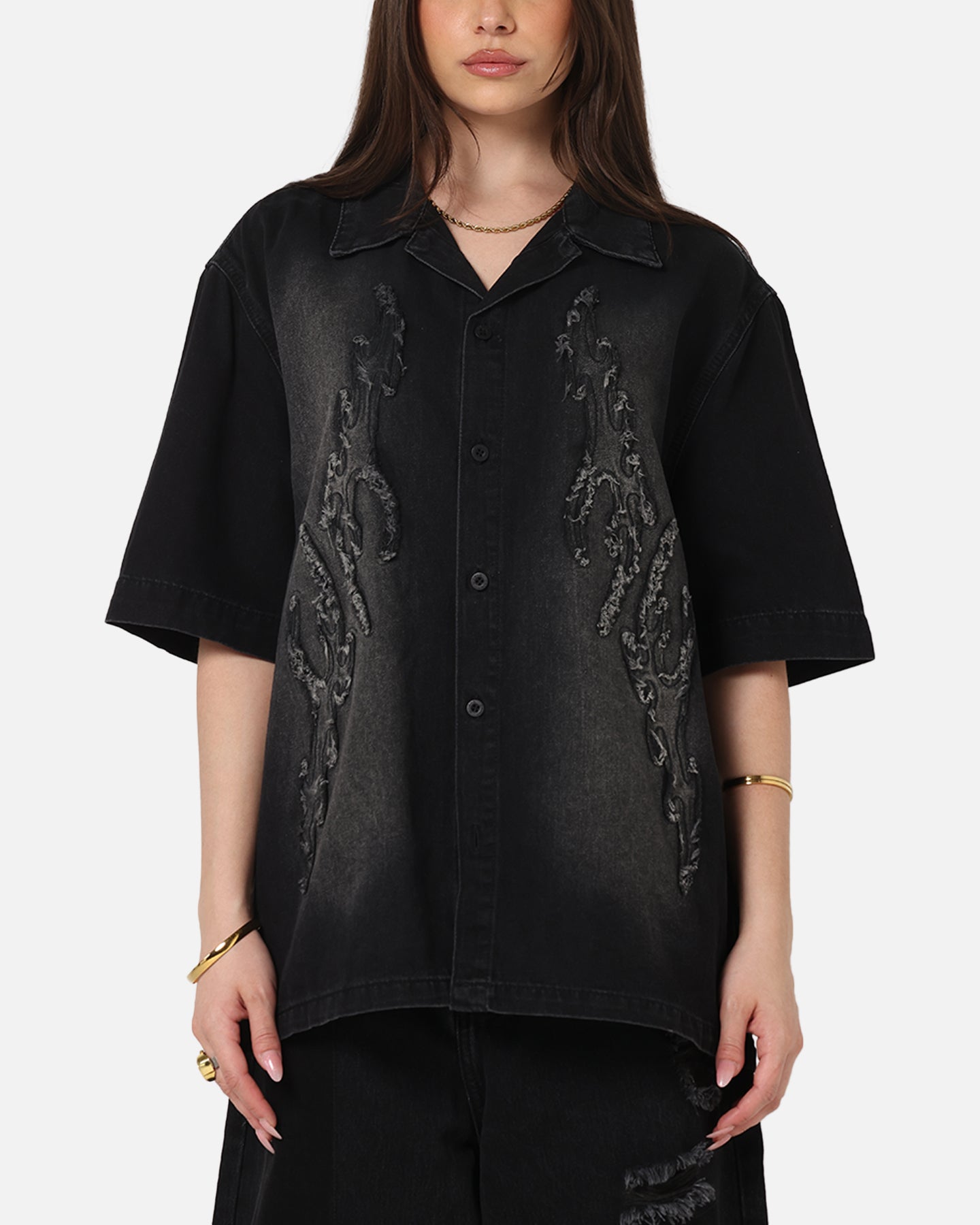 Saint Morta Tribal Denim Button Up Shirt Sunfade Black