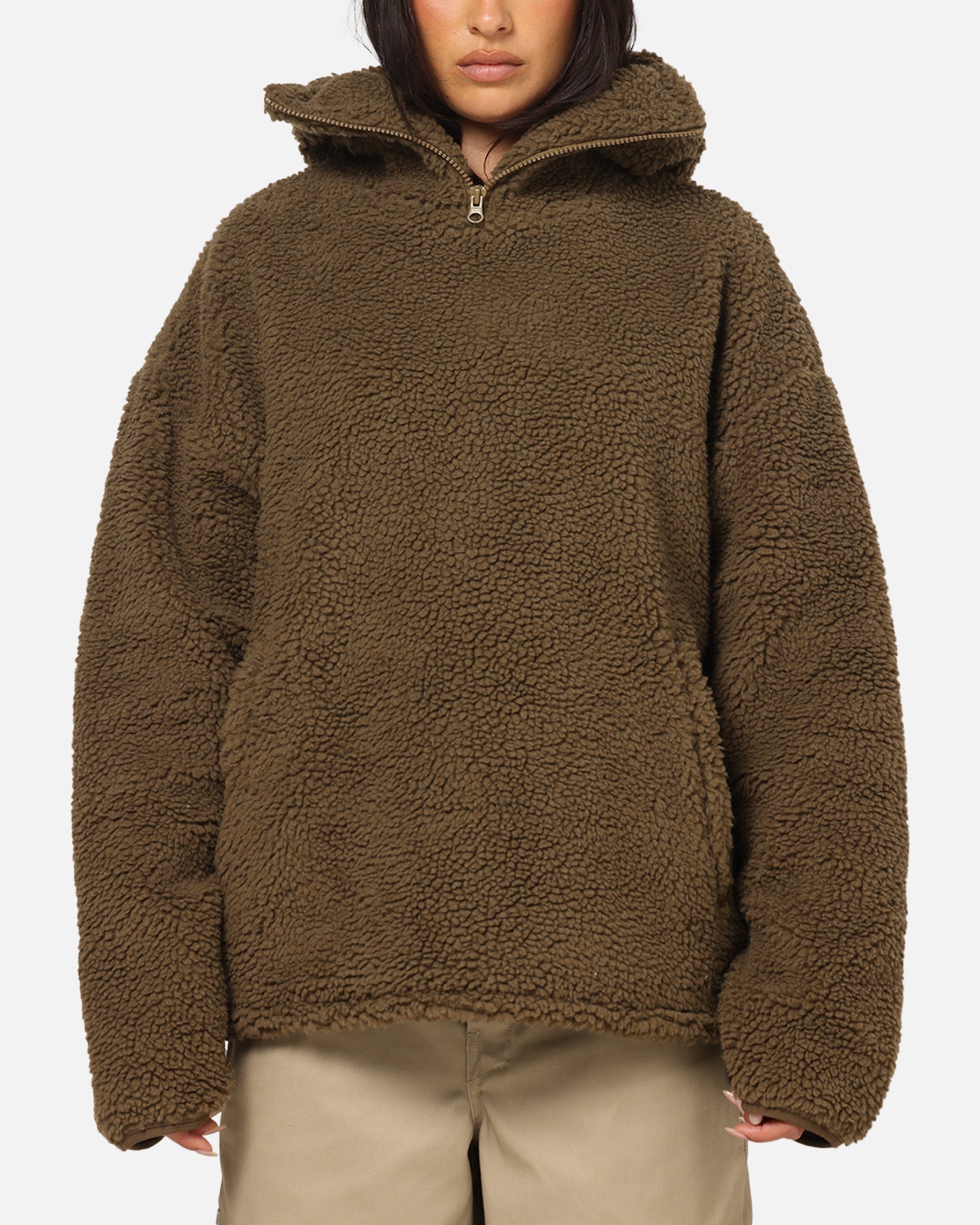 Carre Sherpa Hooded Jumper Khaki