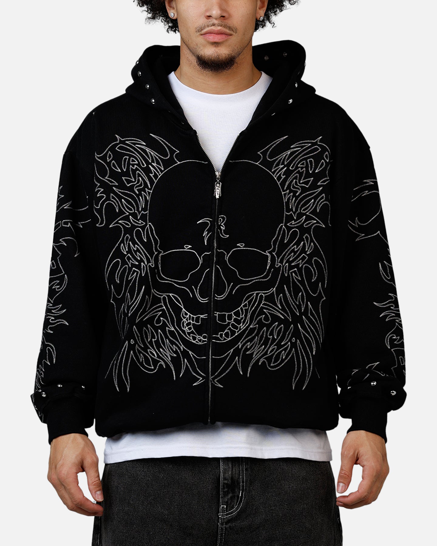 Revenge Tribal Skull Studded Zip Hoodie Black