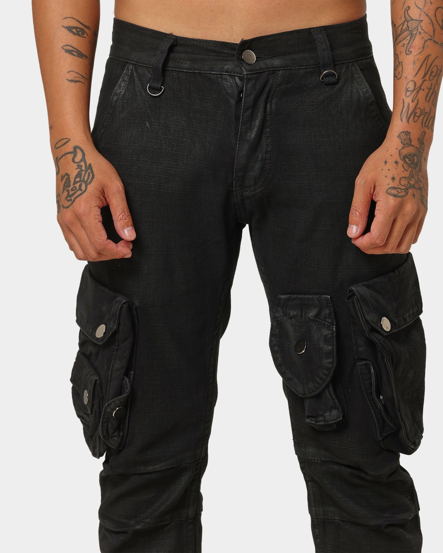 MNML Waxed Denim Cargo Pants Black