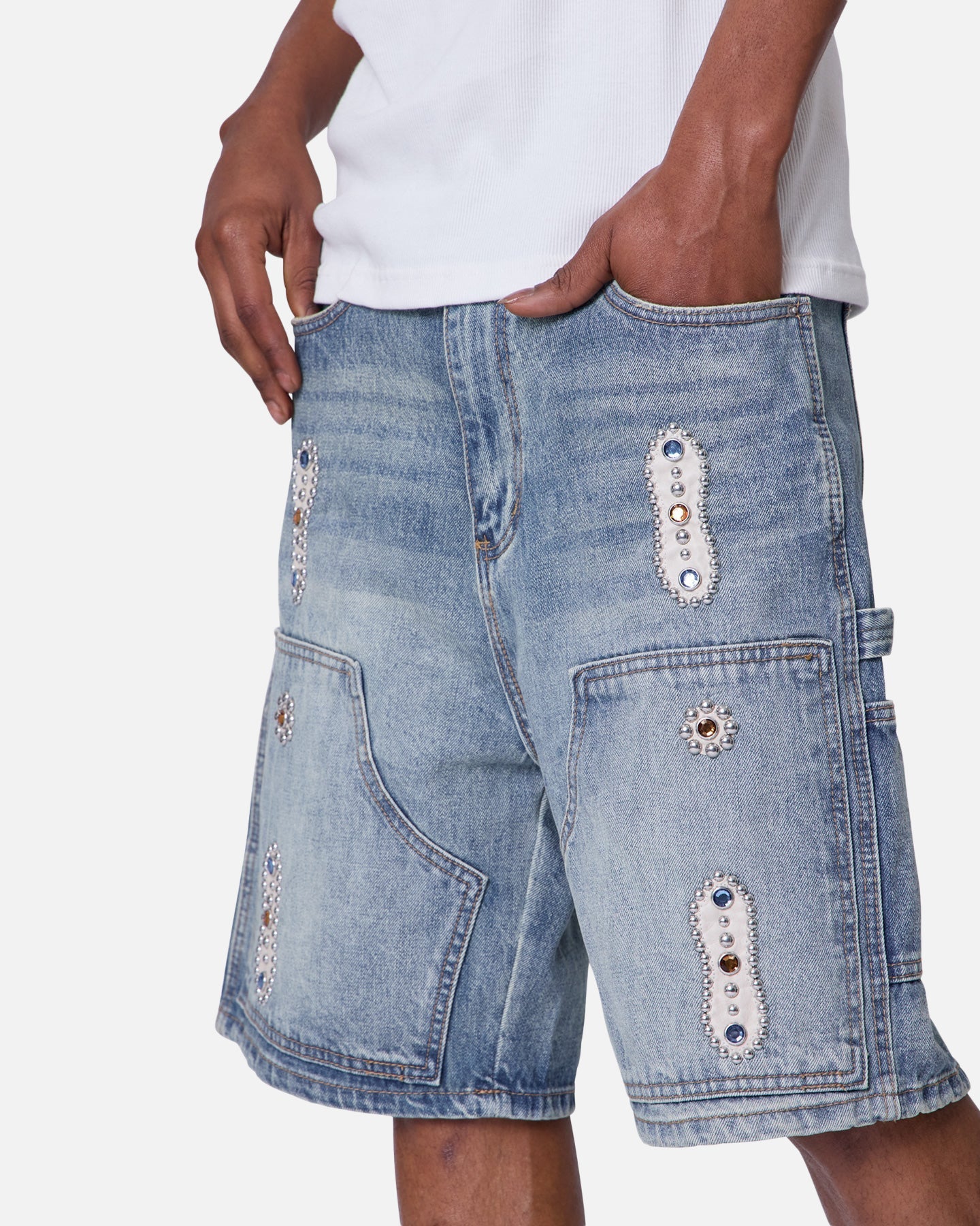 MNML Double Western Jewel Denim Shorts Blue