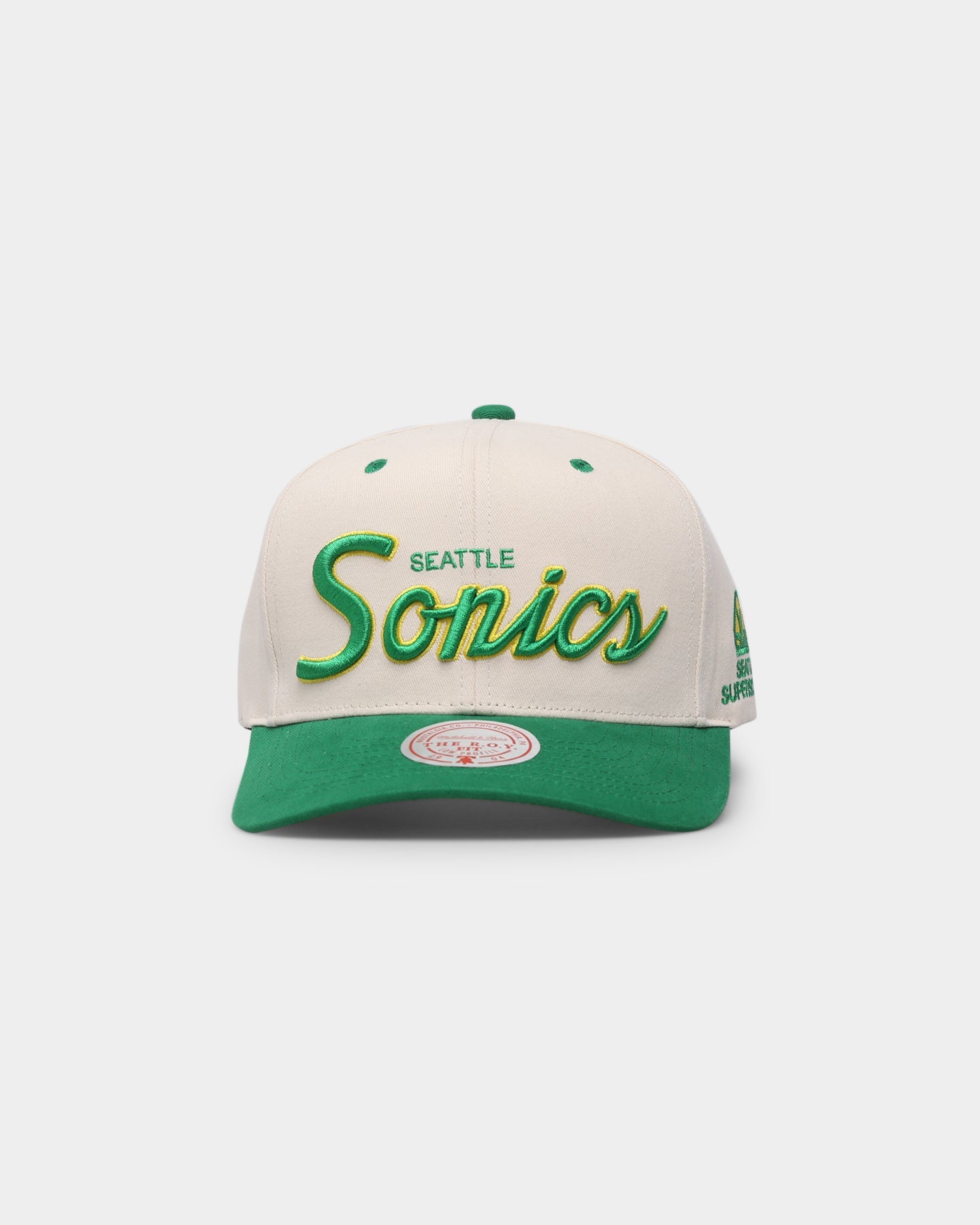 Mitchell & Ness Seattle Sonics "Cream Team Script" Pro Crown Snapback Cream